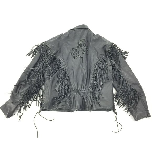 Vintage Leather Motorcycle Jacket Size Large Womens Black Braided Fringe Roses L - Picture 2 of 4